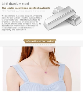 Detail of pink crystal pendant on 316L titanium steel necklace worn by a model