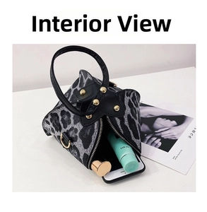 Interior view of leopard print mini bag showing storage for phone and lipstick