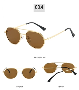 Multiple views of gold metal aviator sunglasses with polarized dark brown lenses