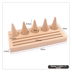 Detail view of wooden jewelry stand with 3 slots and 5 cones showing precise dimensions