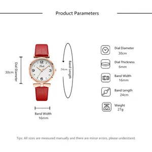 Detaillierte Größentabelle mit Zifferblatt- und Armbandmaßen für diese Lederuhr
