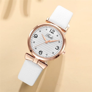 Elegante Damen Quarzuhr mit weißem Lederarmband und roségoldener Schleife am Zifferblatt