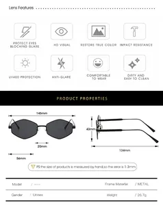 Guide des tailles de lunettes de soleil œil de chat en métal avec mesures et détails UV400