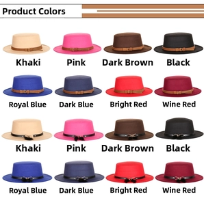 Flat top wool boater hats in 16 assorted colors with stylish decorative belt bands