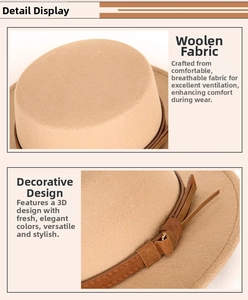 Detail showing high-quality camel wool felt texture and decorative brown leather band buckle