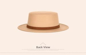 Rear view of a camel wool boater hat with a dark brown decorative ribbon band