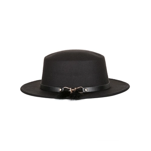 Classic black flat top boater hat with leather band, gold metal buckle and pompom charm