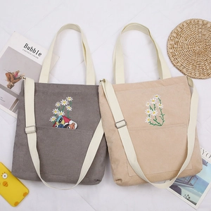 Daisy Embroidery Corduroy Tote Bag Floral Shoulder Crossbody Bag With Adjustable Strap Casual Zip Handbag For Women