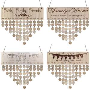 Handmade wooden family birthday reminder calendar signs with decorative hanging heart tags