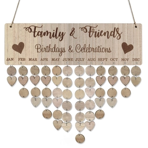 Wooden Family Birthdays & Celebrations wall calendar with heart and round tags