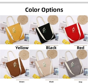 Daisy embroidery corduroy tote bag showing six color options with adjustable straps