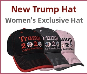 Detailed close-up of embroidered Trump 2020 baseball caps in black, grey, and pink