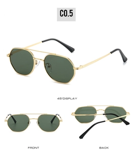 Detailed views of vintage metal aviator sunglasses with gold double bridge and green lenses