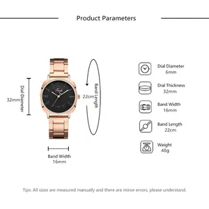 Detailed size chart for the minimalist steel watch with 32mm dial and 16mm band width