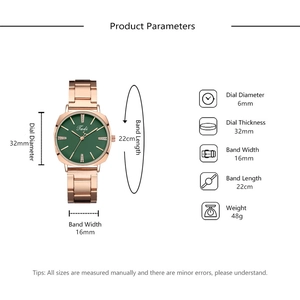 Detailed size chart for rose gold quartz watch with 32mm green dial and dimensions