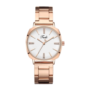 Elegant rose gold women's quartz watch with a white rhinestone dial and metal strap
