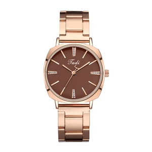 Detailed macro view of rose gold watch dial with rhinestone markers and coffee brown face