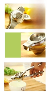 Detail of ergonomic one-piece handle on stainless steel manual lemon squeezer tool