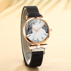 Elegant women's quartz watch with rose gold leaf dial and magnetic mesh strap
