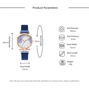 Detailed size specifications for the women's magnetic quartz watch with leaf dial design