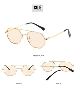 Detailed views of gold polygonal metal frame sunglasses with amber polarized lenses