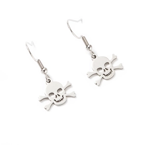 Polished silver skull drop earrings in stainless steel for a Gothic Halloween aesthetic