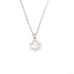 Polished stainless steel lotus pendant necklace with minimalist silver link chain