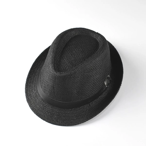 Classic black straw jazz hat for kids featuring a stylish woven texture and metal buckle