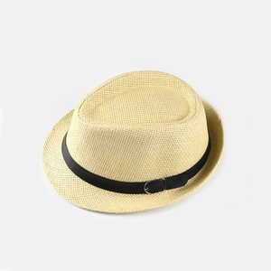 Kids straw jazz fedora hat in beige with black leather belt and silver buckle detail