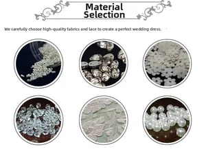 Dettaglio dei materiali per abiti da sposa con pizzo, perle, cristalli e strass