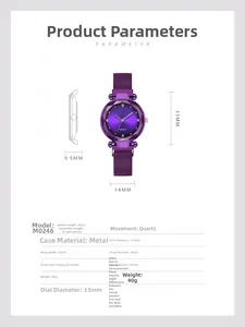 Detailed specs of purple quartz watch with magnetic strap and faceted glass dial