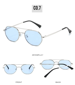 Three-view layout of silver metal aviator sunglasses with light blue lenses and black tips