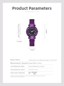 Detailed size specifications for purple starry sky dial watch with magnetic mesh strap
