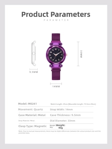 Detailed specifications of purple starry sky watch with magnetic mesh band and dimensions