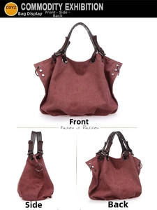 Detailed views of wine red canvas tote bag with metal rivets and round ring handles