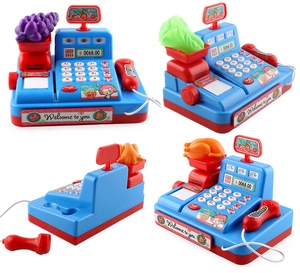 Close-up of blue kids supermarket register toy with scanner, scale and play food