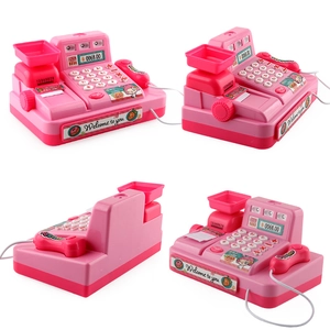 Pink kids supermarket cash register toy with scanner and light for role play