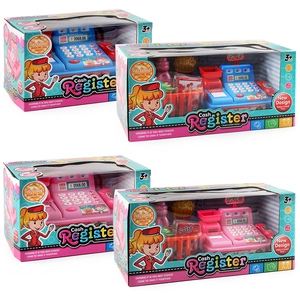 Kids supermarket cash register toy set with lights and music in pink and blue versions