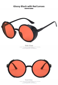 Front and side views of steampunk round sunglasses with black frame and red lenses
