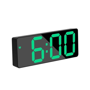 Modern rectangle LED alarm clock with green digits on mirror screen and black frame