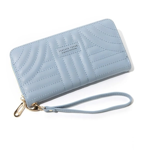 Blue long PU leather wallet for women with embroidered design and wrist strap