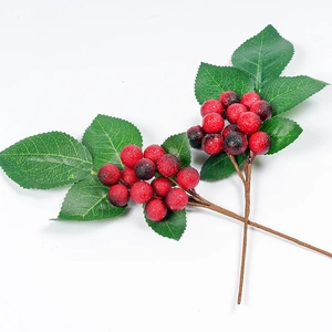 Artificial red berry stems with green leaves for festive Christmas tree home decoration
