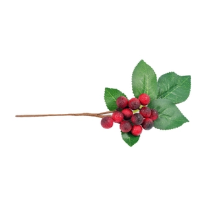 Artificial red Christmas berry branch with frosted fruit and green leaves on white background