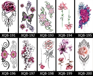 Detailed sheet featuring 10 floral and butterfly temporary tattoo designs, models XQB-191 to 200
