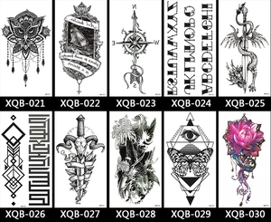 Grid display of temporary tattoo designs featuring owl, koi fish, and geometric patterns