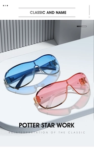 Detailed close-up of Y2K rimless sunglasses with metal studs and gold flower temple accents