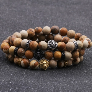 Men's map stone beaded bracelet set with gold silver and black lion head charms