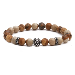 Bracelet pour hommes en perles de jaspe paysage 8mm avec breloque tête de lion