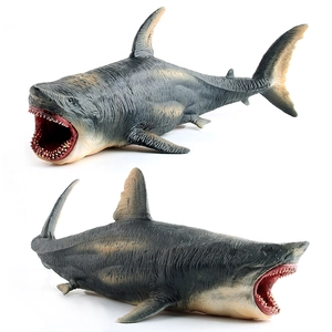Realistic Megalodon shark toy model with open mouth and detailed grey skin texture