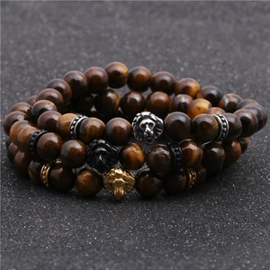 Three-piece tiger eye beaded bracelet set with lion head metal charms for men